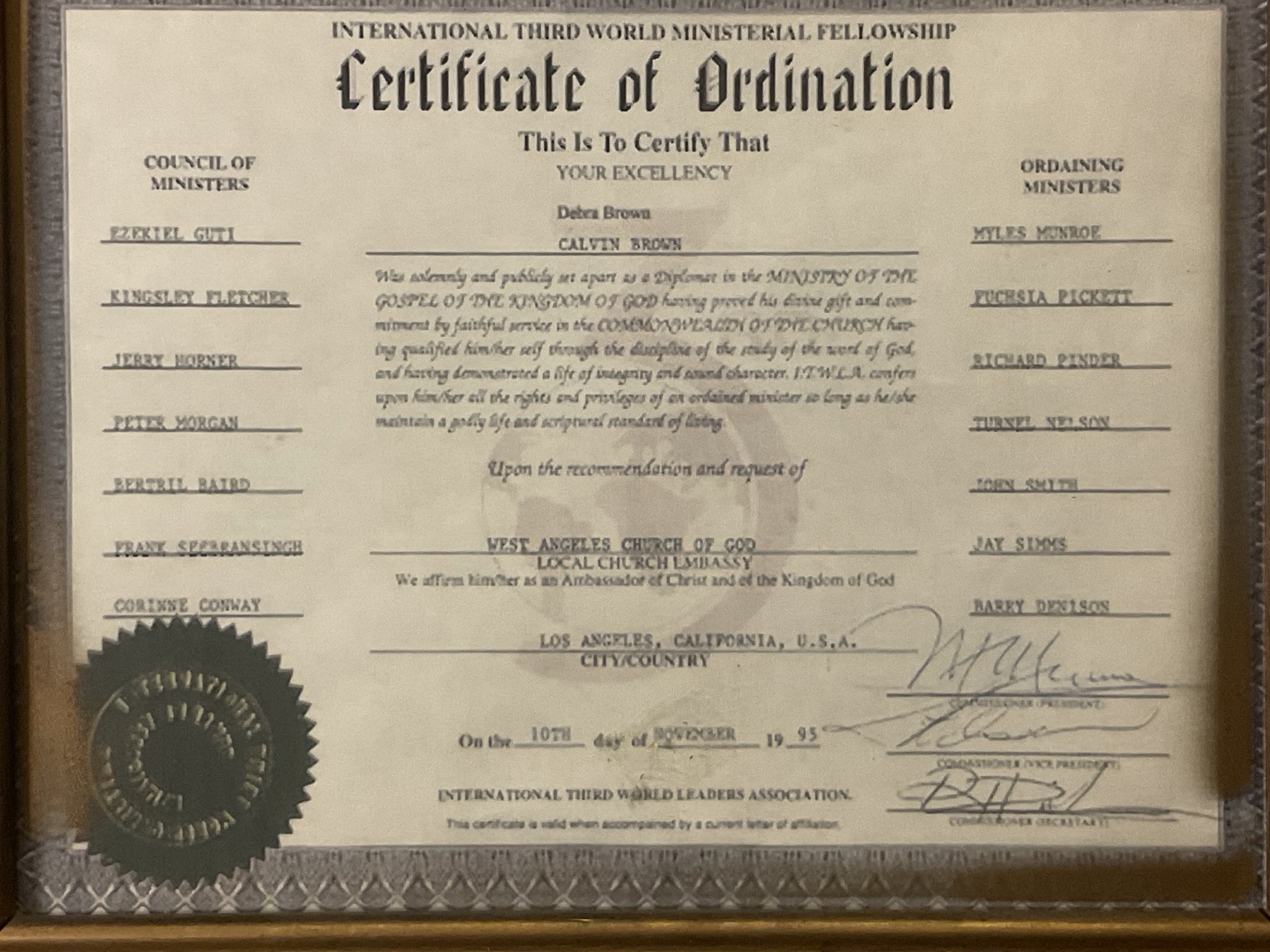 1995 COGIC Certificate of Ordination - Bishop Charles E. Blake